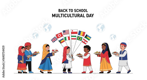 Diverse children celebrating multicultural day with flags and traditional food sharing customs