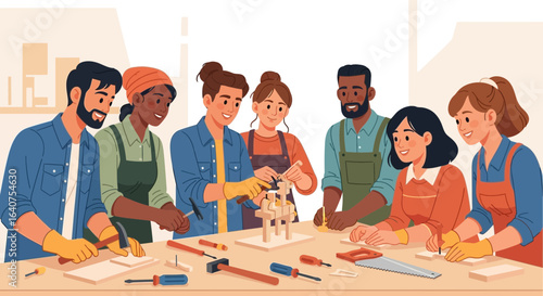 Diverse Group Learning Woodworking Skills Together In Workshop Environment