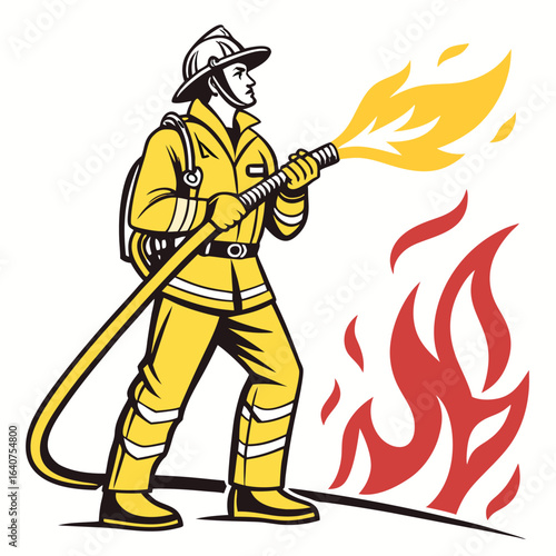 Firefighter in yellow turnout gear battling a fire with a hose