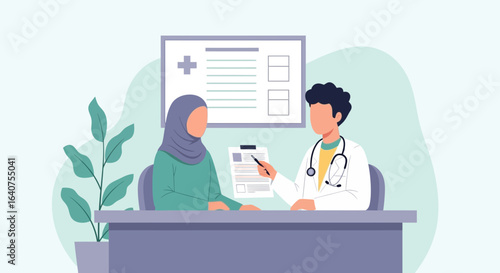 Doctor consulting muslim female patient discussing medical report during consultation at clinic modern healthcare concept vector illustration