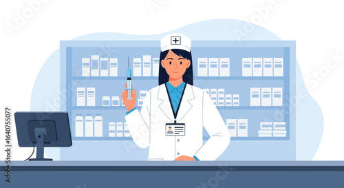 Doctor or nurse ready to vaccinate holding a syringe with vaccine in hand against a background of medications and a computer screen