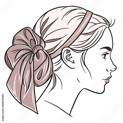 Profile view of an elegant lady with a ribbon in her hair