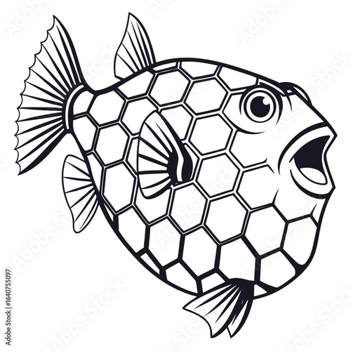 Monochrome illustration of a honey comb trunkfish with surprised expression, isolated