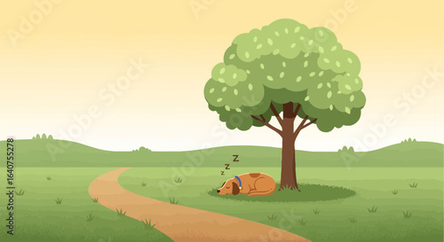 Dog Napping Under Tree On A Sunny Day In A Green Field Peaceful