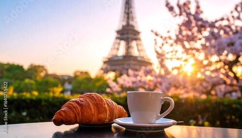 Parisian Breakfast Croissant  Coffee with Eiffel Tower view at Sunrise.