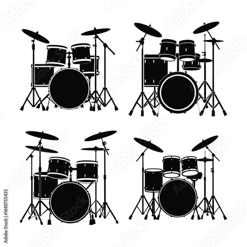 Four Drum Set Silhouettes for Music Rhythm Percussion and Performance
