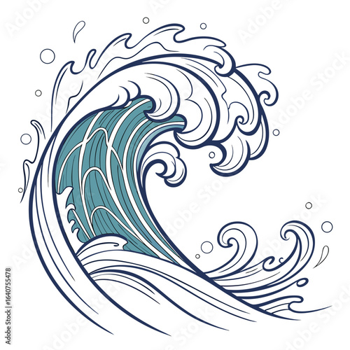 Stylized illustration of a large ocean wave with foam and bubbles
