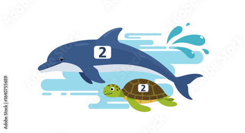 Dolphin And Turtle Swimming In Blue Water Illustration For Children's Education