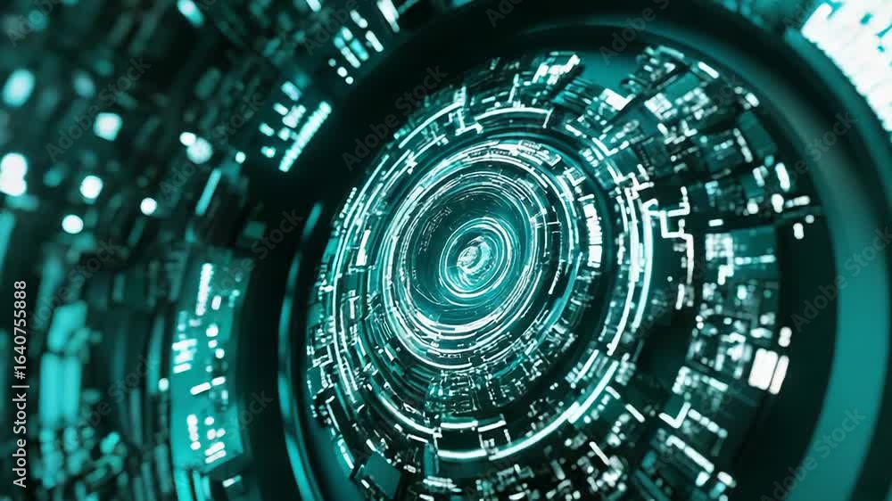 Futuristic technological tunnel rotating and glowing in teal color