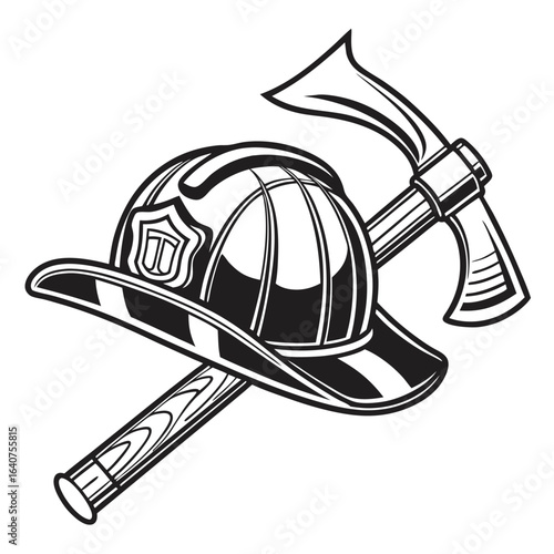 Vintage fireman helmet and axe illustration depicting heroism and firefighter symbolism