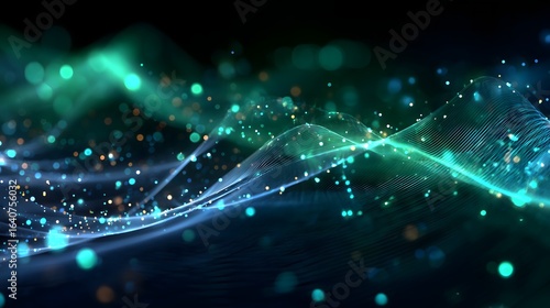 Abstract finance data mesh with neon blue and green glowing interconnected points and lines