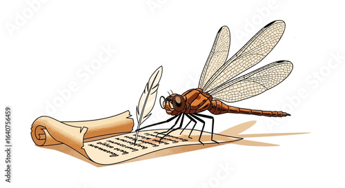 Dragonfly Authoring Novel with Quill Pen Cartoon Illustration Isolated