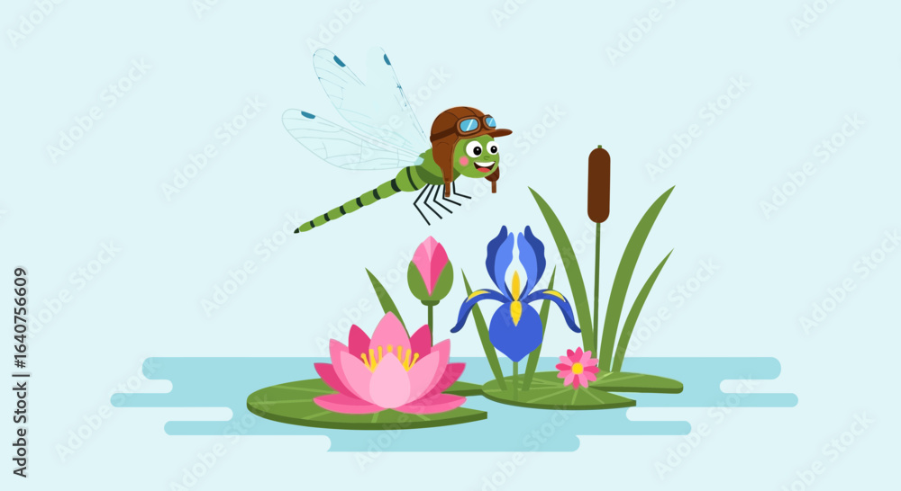 Fototapeta premium Dragonfly In Aviator Hat Flying Above Water Lilies And Irises Cartoon Illustration