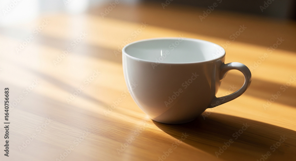 Obraz premium Minimalist macro close-up of white ceramic cup on wooden surface