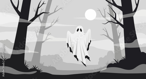 Ethereal apparition under the moonlight in a monochrome spooky forest scene