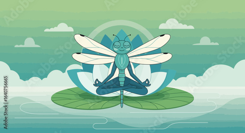 Dragonfly In Lotus Position Achieving Serenity And Balance On A Lily Pad