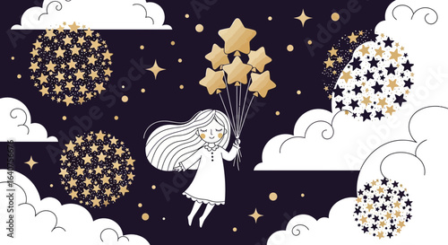 Dreamy illustration of a girl flying through a starry night sky with star balloons and clouds