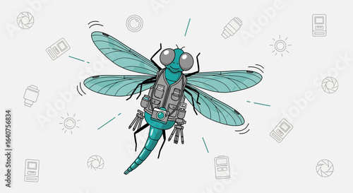 Dragonfly Photographer Ready To Take Amazing Pictures with Camera On Back Fly