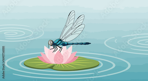 Dragonfly Resting Peacefully on Lotus Flower Pad Surrounded by Water Ripples