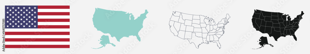 Fototapeta premium USA map set with multiple styles and a detailed national flag design. Perfect for patriotic themes, travel concepts, education, and creative graphic design projects.