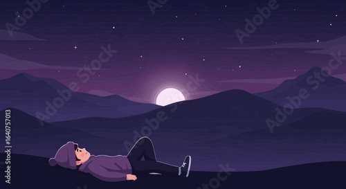 Dreamy night landscape with a boy lying and watching the moon and stars in serene purple hues illustration