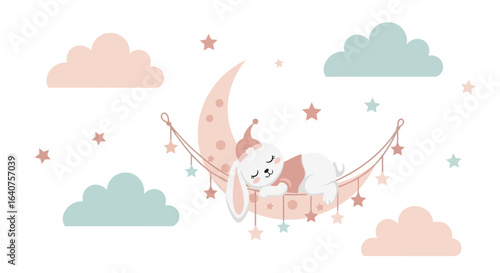 Dreamy Night Scene Cute Bunny Asleep On Crescent Moon With Pastel Clouds