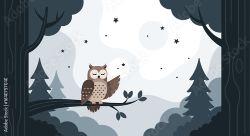 Dreamy Night Owl Perched on Branch Under Starry Moonlight Sky In Forest