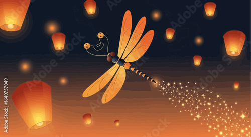 Dragonfly's Magical Flight Over Night Sky With Floating Lanterns Illustration