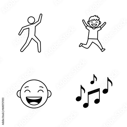 Collection of Smile Day-themed icons, including Dancing person, jumping kid, singing face, music notes