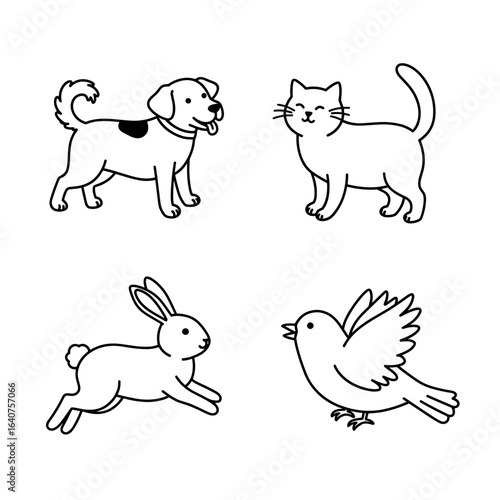 Collection of Smile Day-themed icons, including Dog with a wagging tail, cat purring, bunny hopping, bird chirping