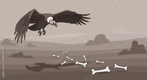 Dramatic illustration of a vulture soaring above a desolate landscape littered with bones