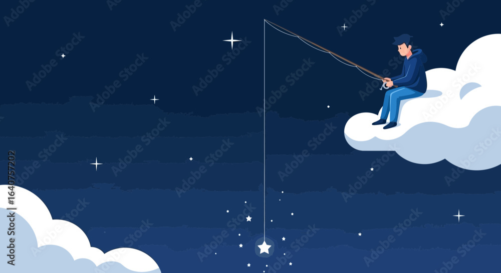 Naklejka premium Dream Catcher: Conceptual Illustration of a Man Fishing for Stars on a Cloud in the Night Sky