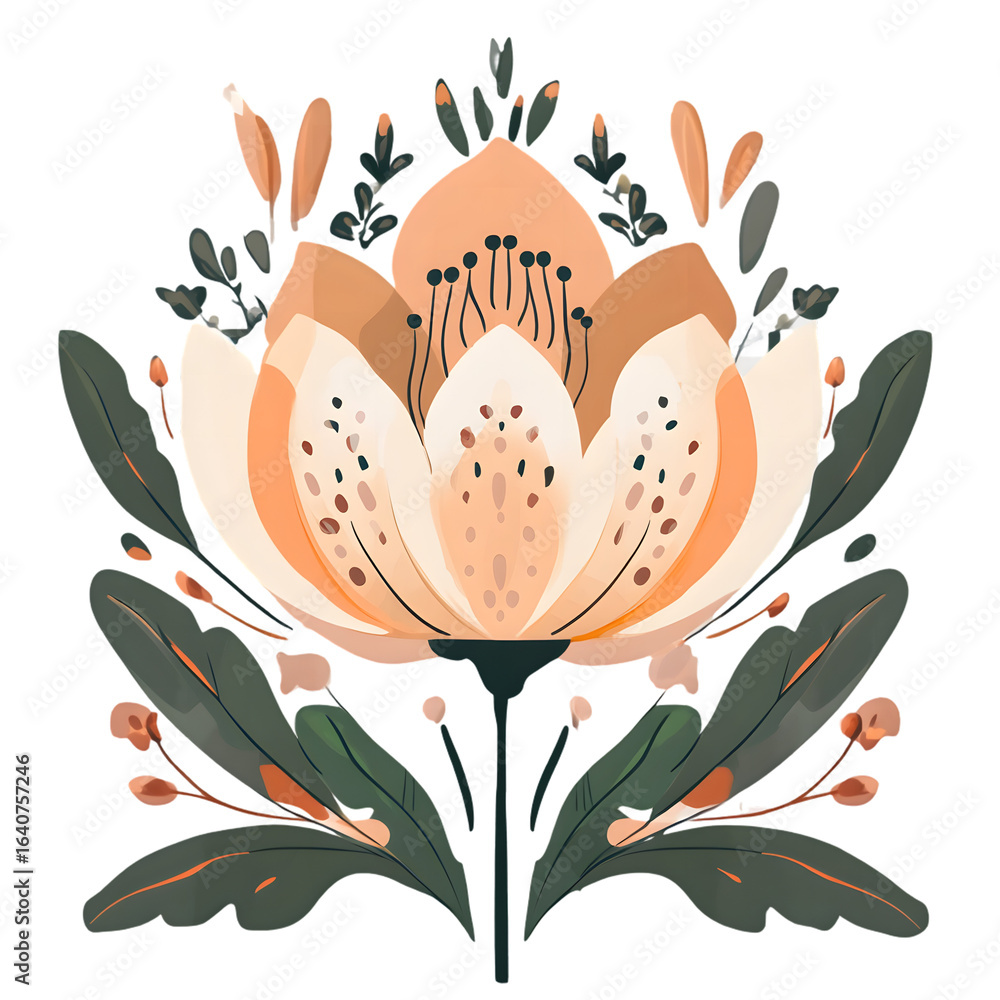 Naklejka premium flowers and leaves Flat folk geometric style transparent background