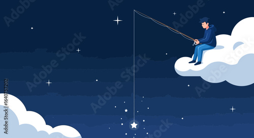 Dream Catcher: Conceptual Illustration of a Man Fishing for Stars on a Cloud in the Night Sky