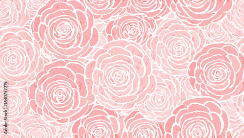 Delicate pink roses arranged in a dense floral pattern with white outlines and soft watercolor texture