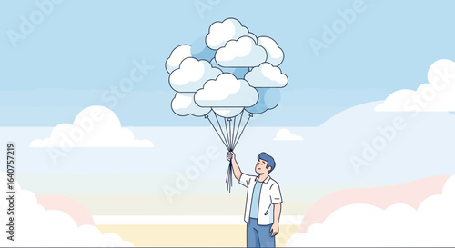 Dreaming big illustration of a man holding cloud balloons, concept of inspiration and imagination, striving for success and aiming high for the future