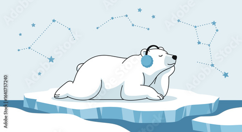 Dreamy Polar Bear With Earmuffs Resting on Iceberg Under Star Constellations