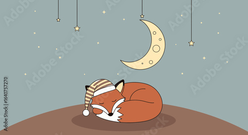 Dreaming Fox Beneath Crescent Moon Under Starry Night Minimalist Illustration