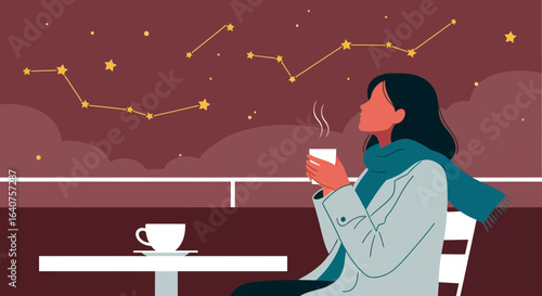 Evening Contemplation Woman Enjoying Coffee Under Starry Sky Illustration