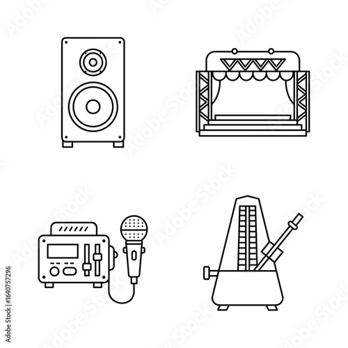 Collection of Music Day-themed icons, including Speaker, concert stage, karaoke machine, metronome