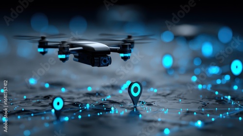 A drone flying over a digital map with glowing location markers and connections visible