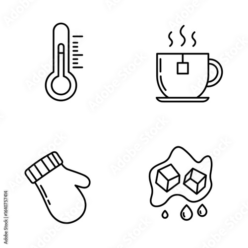Collection of Turning on the heating-themed icons, including Thermometer, steaming cup, mitten, ice melting