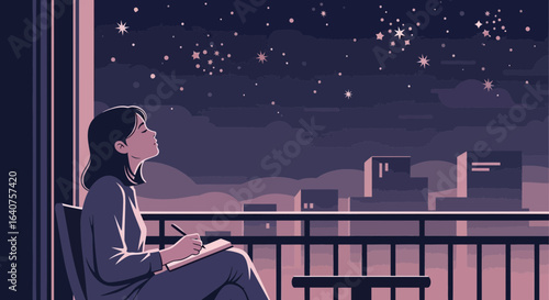 Dreaming Under The Stars: Young Woman Finds Inspiration on Balcony Scene