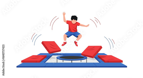 Excited boy jumping on a trampoline with fun and energy, showing leisure activity at home in isolated background