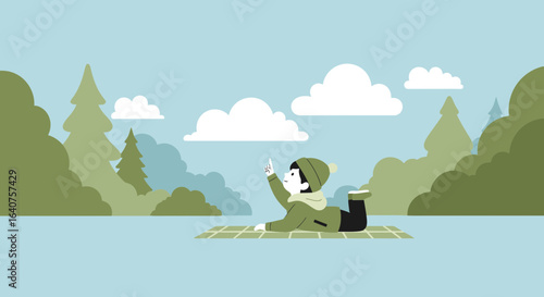 Dreamy Adventures Child Contemplates Clouds Amidst Verdant Trees On Picnic Blanket