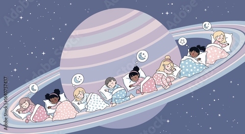 Dreamy Slumber Party On Saturn Ring A Whimsical Illustration For Children's Content