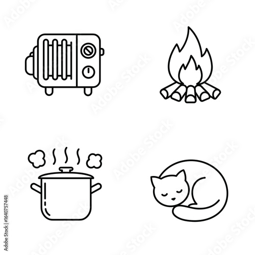 Collection of Turning on the heating-themed icons, including Electric heater, campfire, steaming pot, cozy cat