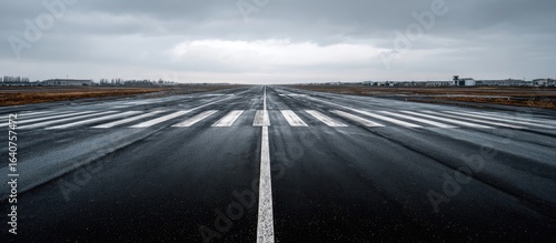 Empty wet runway under a cloudy sky