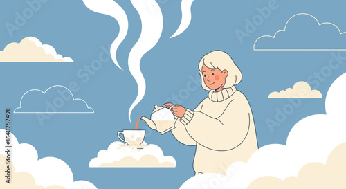 Dreamy tea break a serene scene of a woman pouring tea among soft fluffy clouds