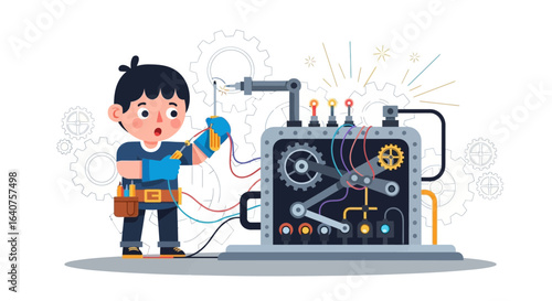 Excited Young Electrician Repairing Complicated Futuristic Machine with Gears
